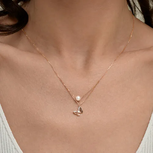 Colier din aur roșu cu Cubic Zirconia Incolor, Cristal de munte și Perla Albă