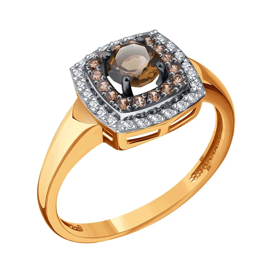 Inel din aur roșu cu Cubic Zirconia Incolor, Cubic Zirconia Galben și Cuarț fumuriu