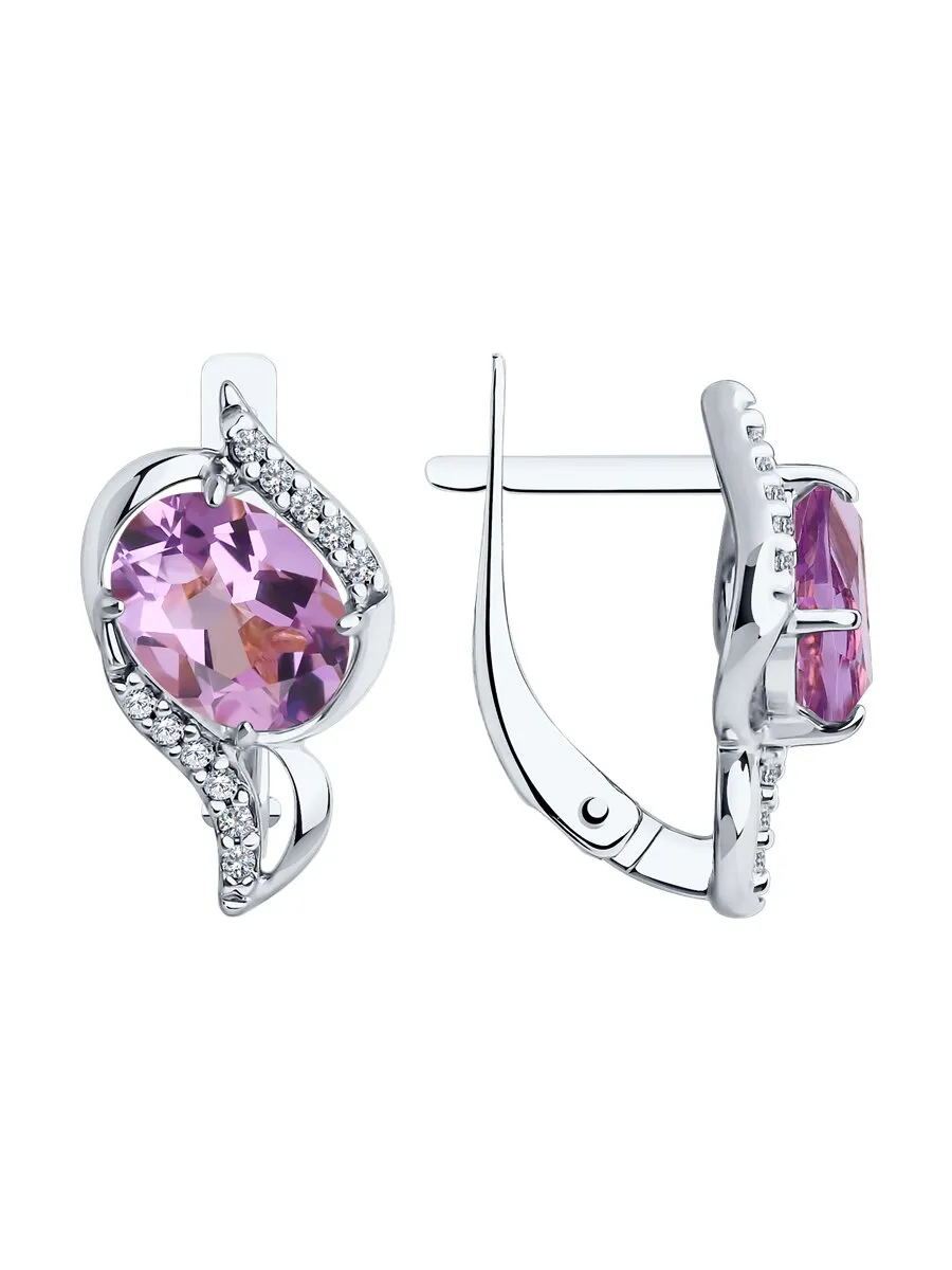 Серьги из серебра с камнями Фианит, Аметист