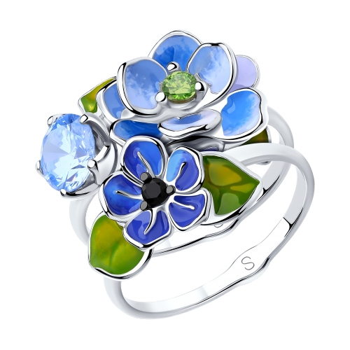 Inel din argint  cu pietre Cubic Zirconia Albastru, Cubic Zirconia Negru și Cubic Zirconia Verde