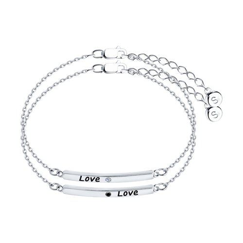 Браслет Love из серебра с камнями Фианит, Фианит Чёрный и Эмаль