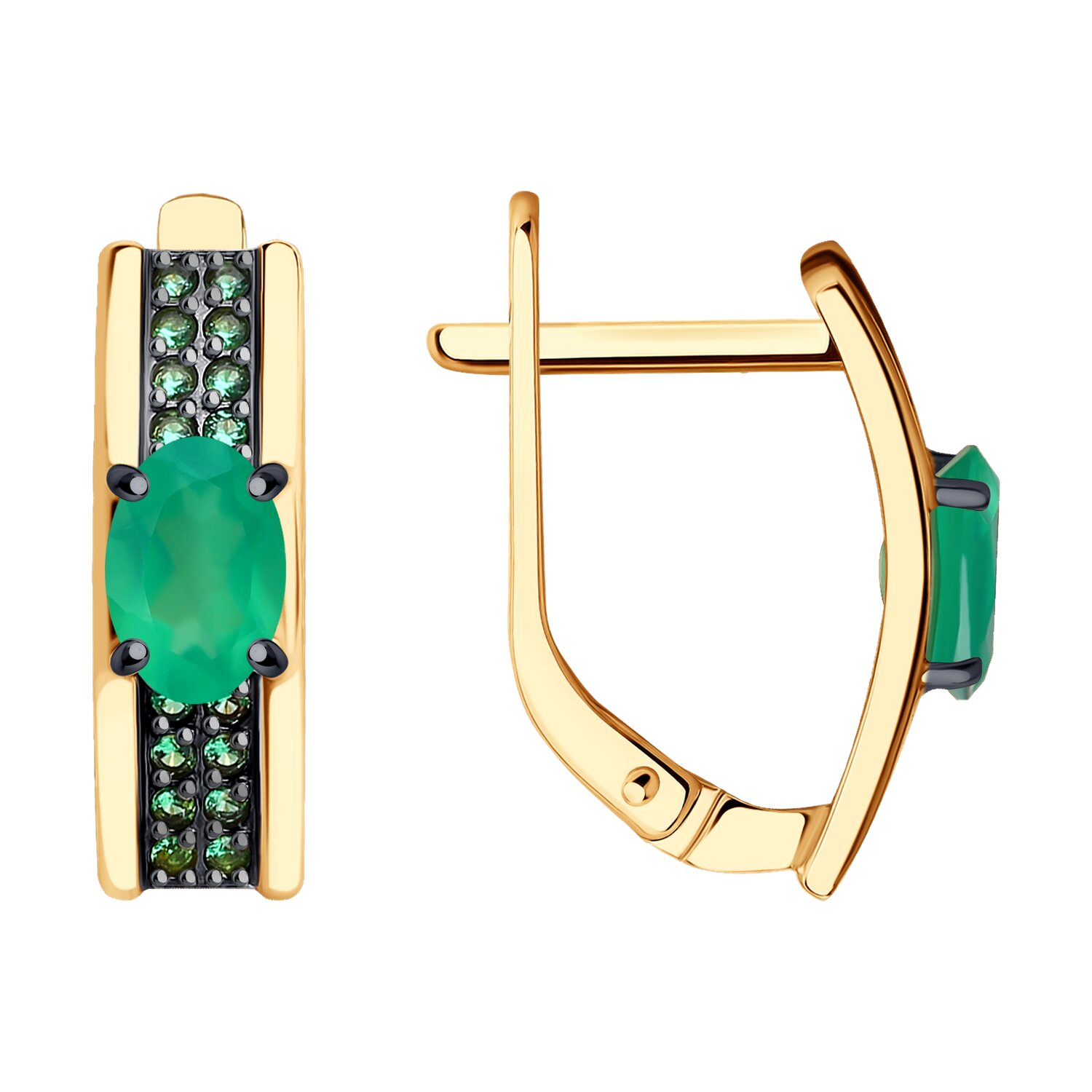 Cercei din aur roșu cu pietre Cubic Zirconia Negru, Agat verde