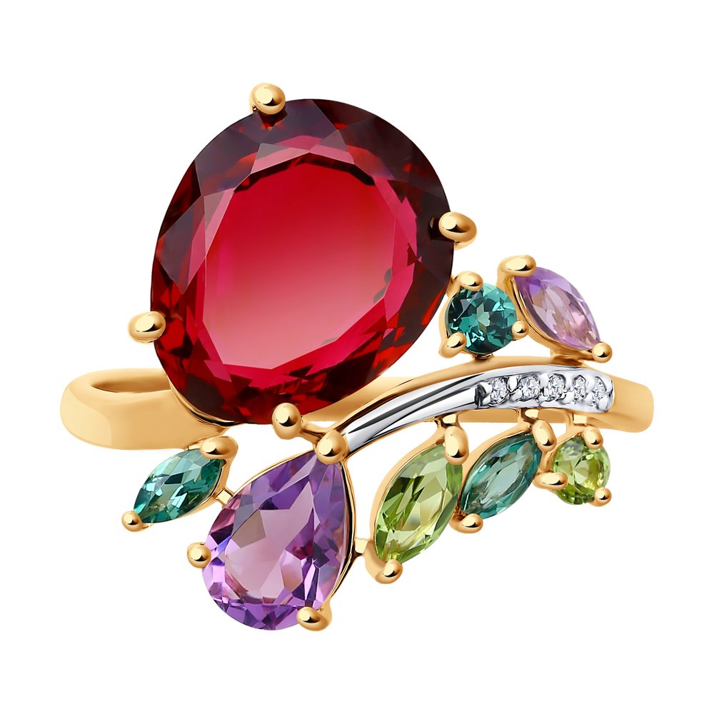 Inel din aur roșu cu pietre Cubic Zirconia Incolor, Ametist și Crisolit