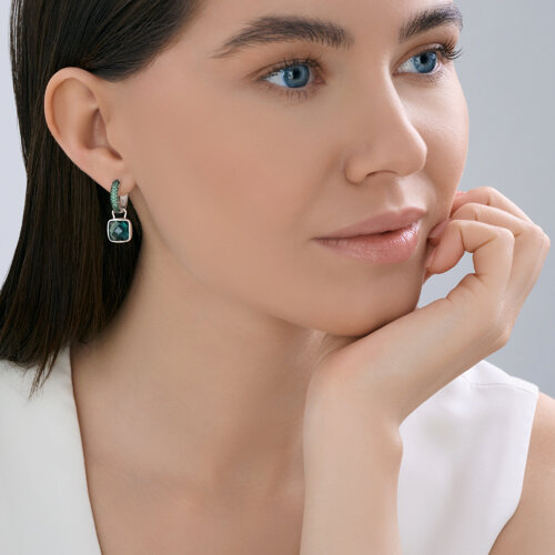 Cercei Creole din argint  cu pietre Cubic Zirconia Verde, Cuart Verde (sint.)