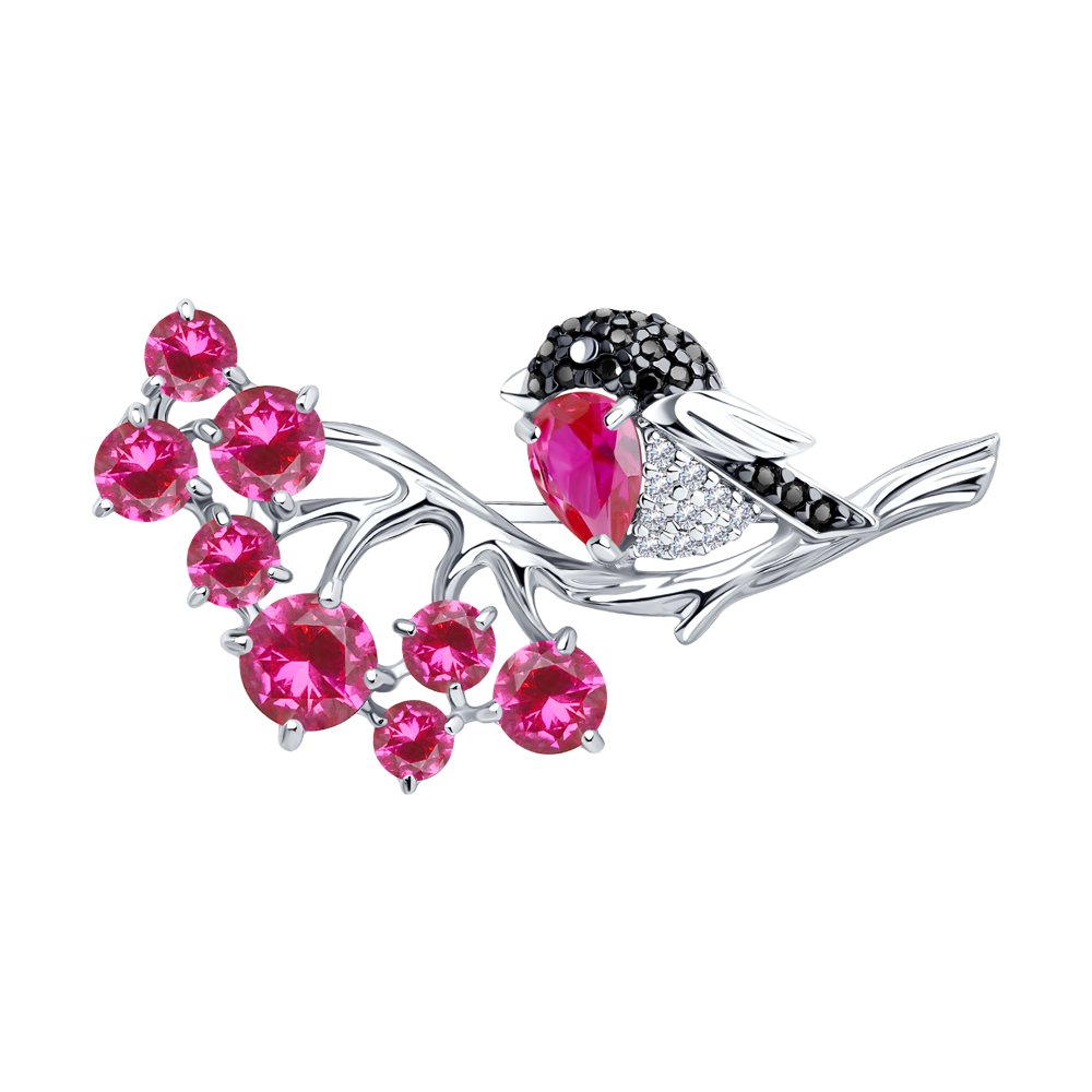 Broșă din argint  cu pietre Cubic Zirconia Incolor, Cubic Zirconia Negru și Corindon (rubin)