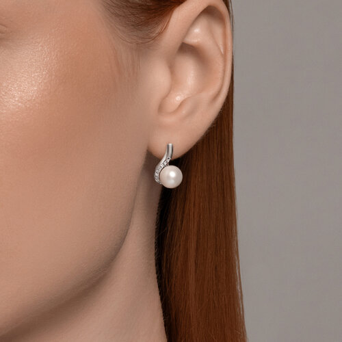 Cercei din aur alb cu pietre Diamant, Perla Albă