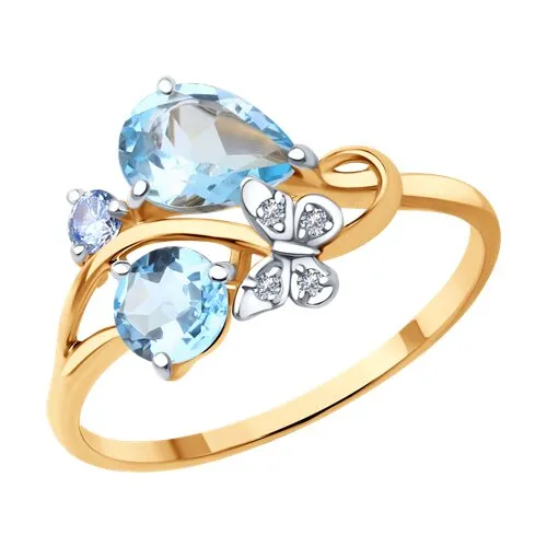 Inel din aur roșu cu Cubic Zirconia Incolor, Cubic Zirconia Albastru și Topaz albastru