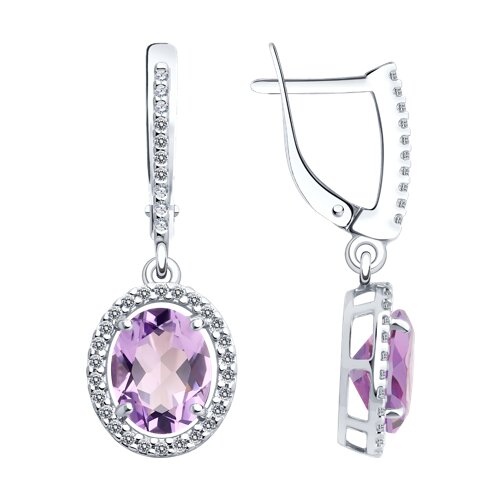 Серьги Длинные из серебра с камнями Фианит, Аметист