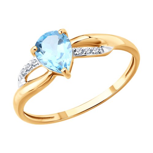 Кольцо из красного золота с камнями Бриллиант, Топаз голубой