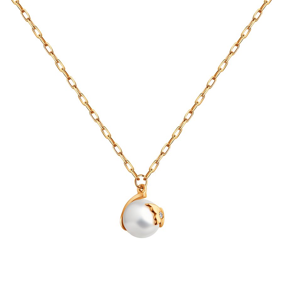 Колье из красного золота с камнями Фианит, Жемчуг белый