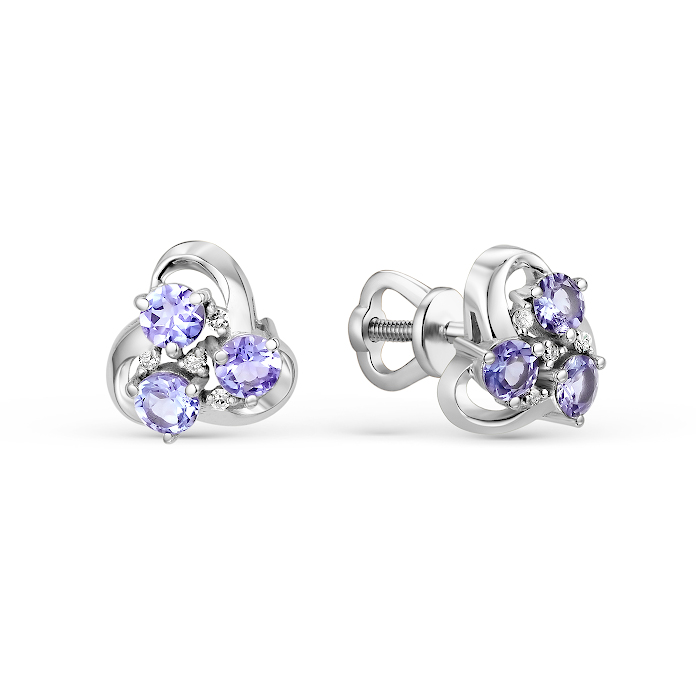 Cercei Pusete din aur alb cu pietre Diamant, Tanzanit
