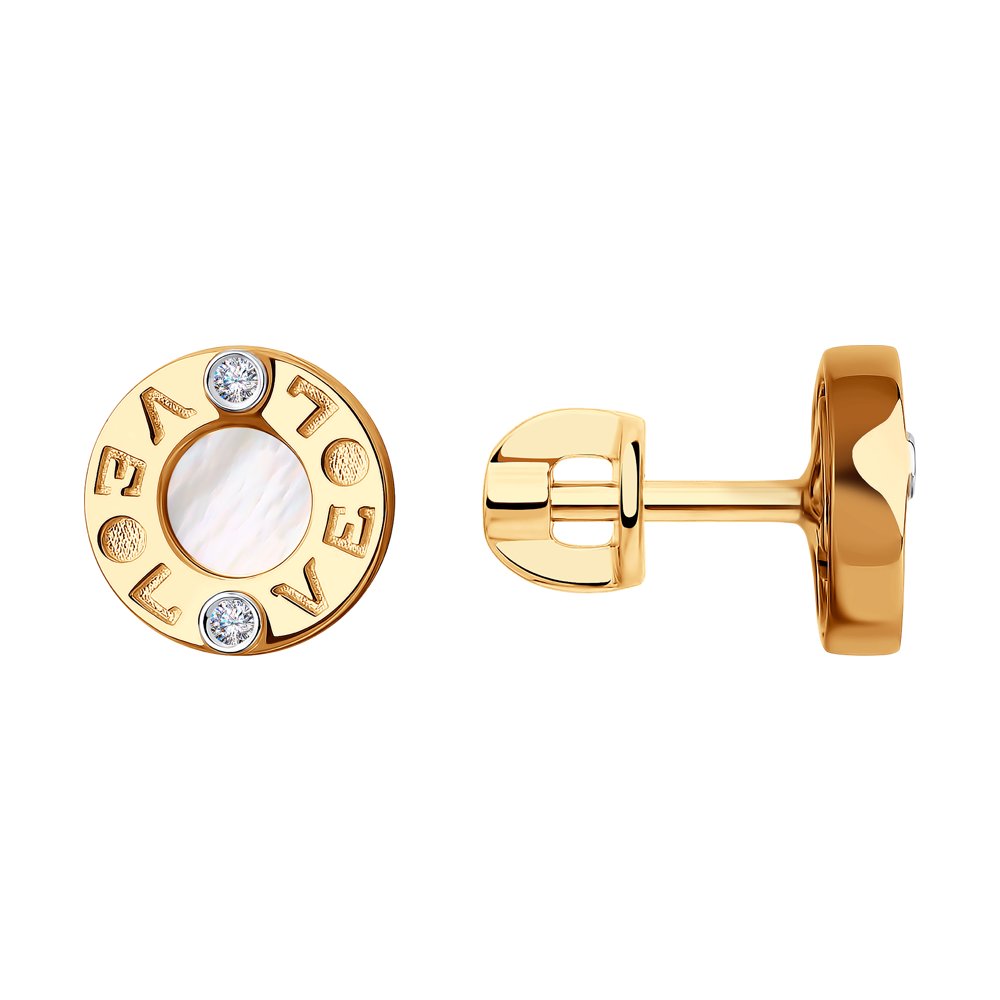 Cercei Pusete din aur roșu cu pietre Diamant, Sidef Alb