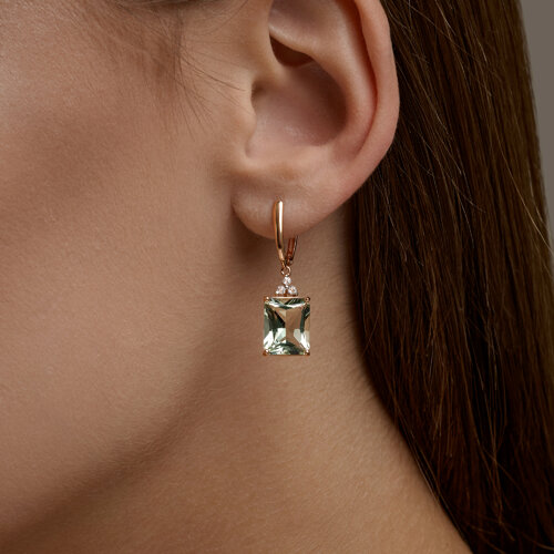Серьги Длинные из красного золота с камнями Горный хрусталь, Празиолит