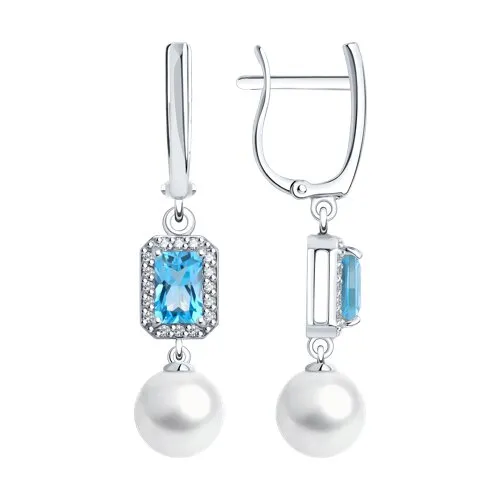 Cercei Suspendați din aur alb cu Cubic Zirconia Incolor, Topaz Swiss și Perla Albă