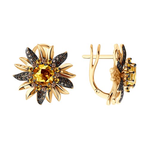 Серьги из красного золота с камнями Бриллиант коньяк, Цитрин