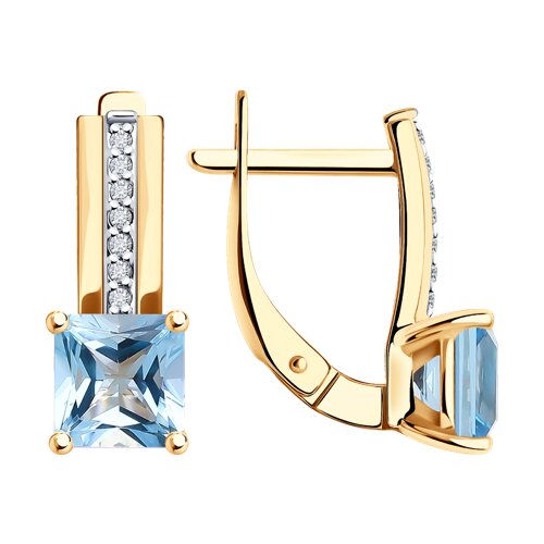Серьги из красного золота с камнями Фианит, Топаз голубой