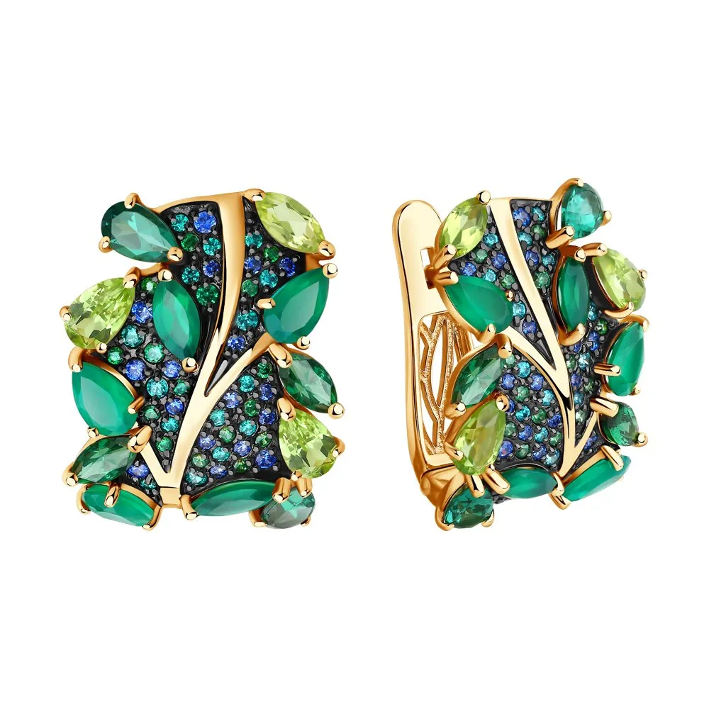 Cercei din aur roșu cu Cubic Zirconia Verde, Cubic Zirconia Albastru Safir și Agat verde