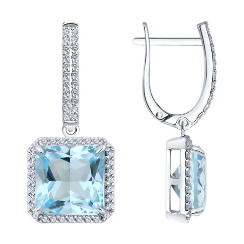 Серьги Длинные из белого золота с камнями Бриллиант, Топаз голубой