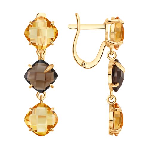 Серьги Длинные из красного золота с камнями Кварц дымчатый , Цитрин