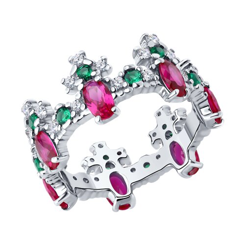 Inel din argint  cu pietre Cubic Zirconia Incolor, Cubic Zirconia Verde și Corindon (rubin)