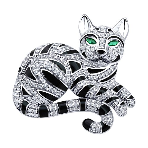 Брошь из серебра с камнями Фианит, Фианит Зелёный и Эмаль