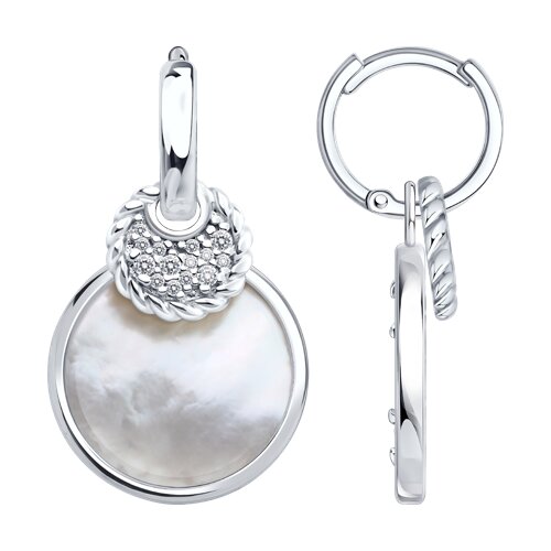 Серьги Конго из серебра с камнями Фианит, Перламутр белый