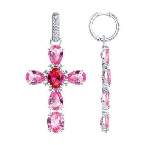 Cercei Creole din argint  cu pietre Cubic Zirconia Incolor, Cubic Zirconia Roz și Corindon (rubin)