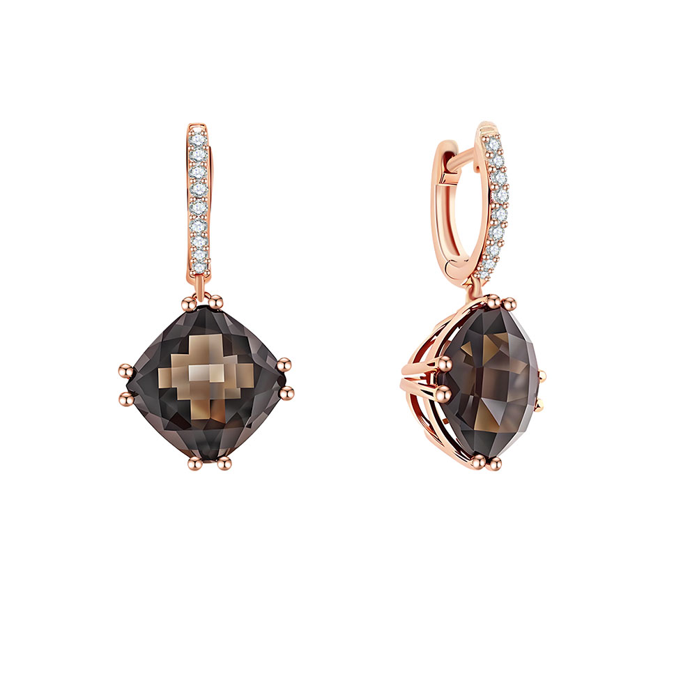 Cercei Creole din aur roșucu pietre Diamant, Cuarț fumuriu