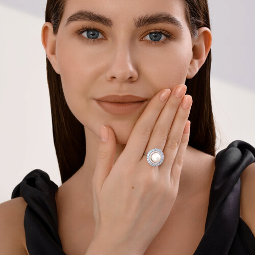 Inel din aur alb cu pietre Cubic Zirconia Incolor, Topaz Swiss și Perla Albă