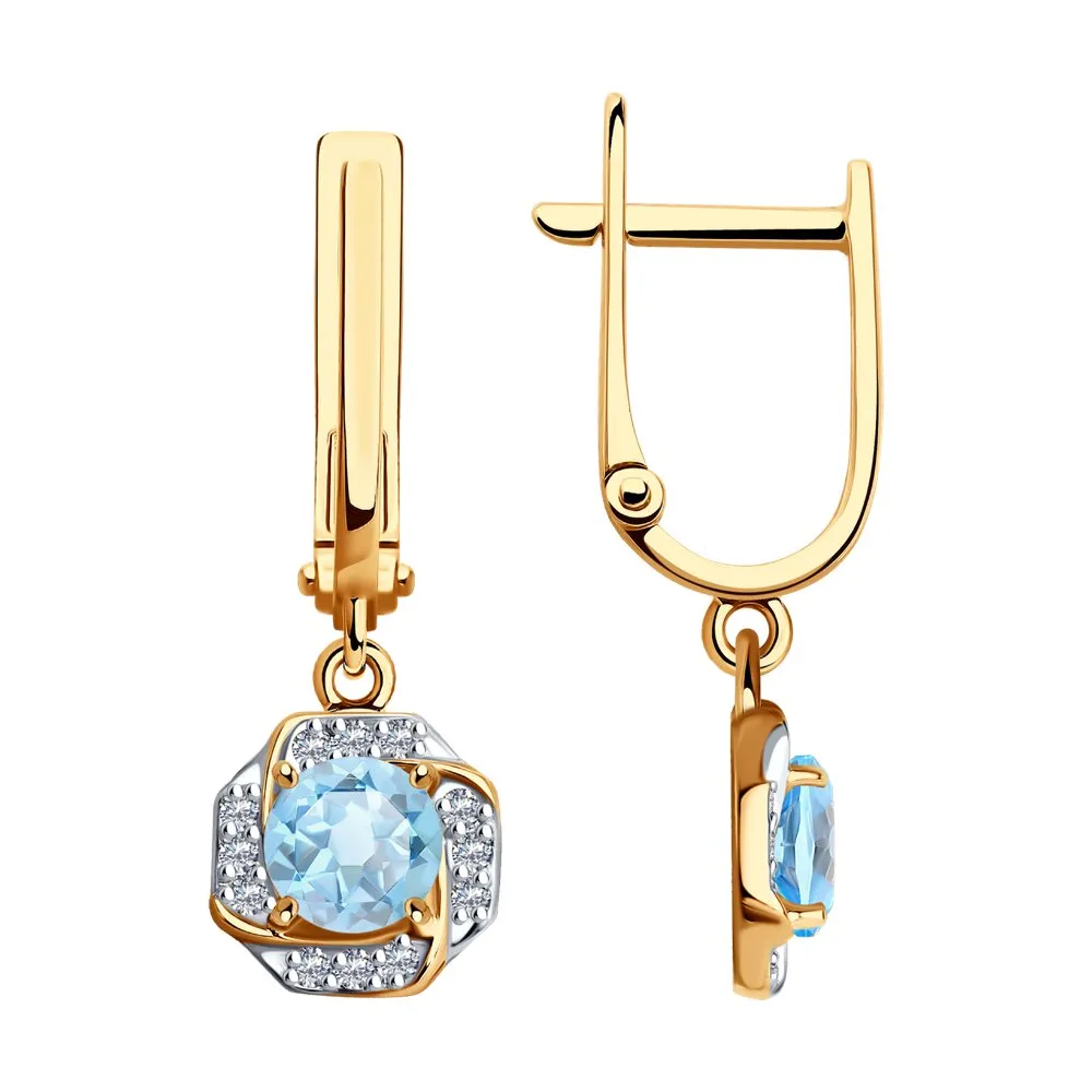 Cercei Suspendați din aur roșu cu Cubic Zirconia Incolor, Topaz albastru