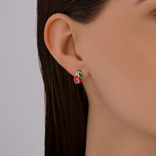 Cercei p-u copii din argint  cu pietre Cubic Zirconia Incolor, Cubic Zirconia Roșu și Emailare