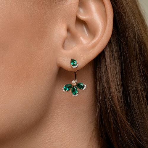 Серьги Пусеты из красного золота с камнями Бриллиант, Изумруд гидротермальный и Топаз безцветный