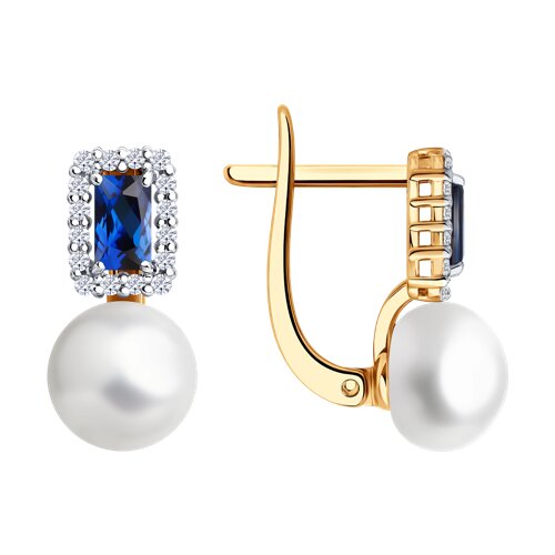 Серьги из красного золота с камнями Бриллиант, Жемчуг белый  и Корунд