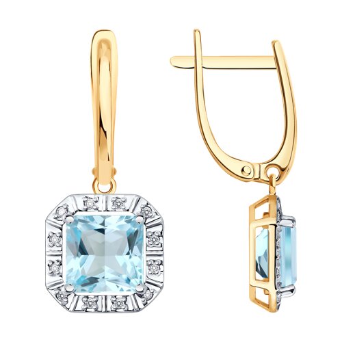 Серьги Длинные из красного золота с камнями Бриллиант, Топаз голубой