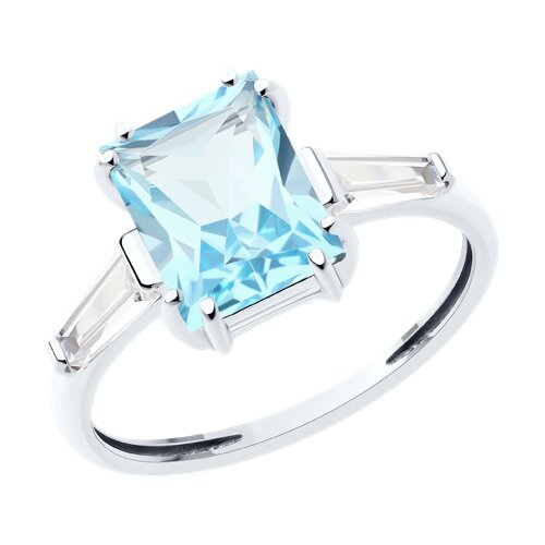 Кольцо из белого золота с камнями Фианит, Топаз голубой