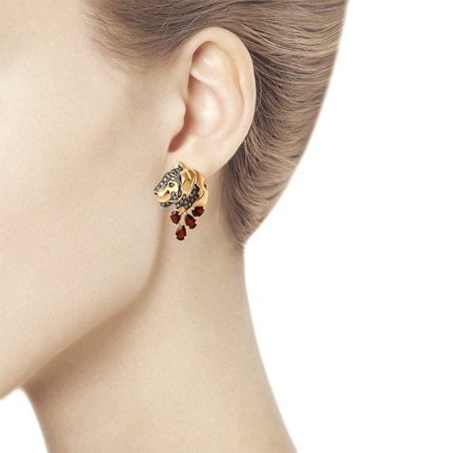 Серьги из красного золота с камнями Фианит Жёлтый, Фианит Зелёный и Гранат