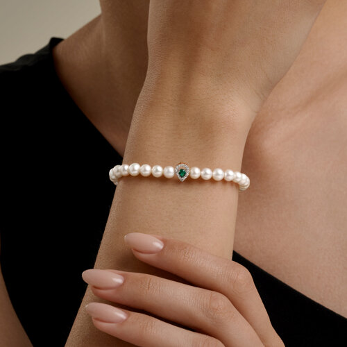 Brățară din aur roșu cu pietre Diamant, Smarald Hidrotermal și Perla Albă