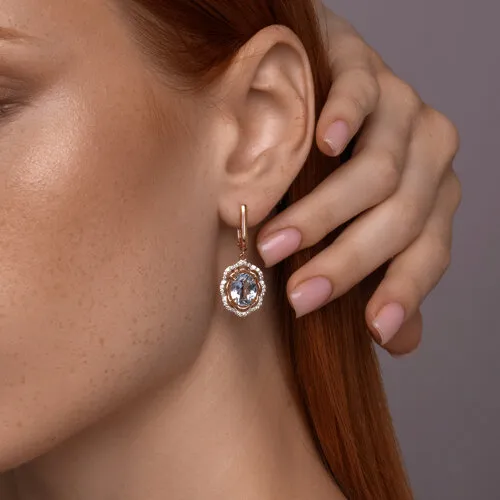 Cercei Suspendați din aur roșu cu Cubic Zirconia Incolor, Topaz albastru