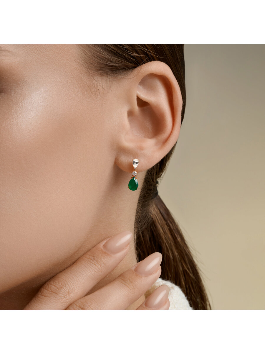 Cercei din aur roșu cu pietre Agat verde, Cristal de munte