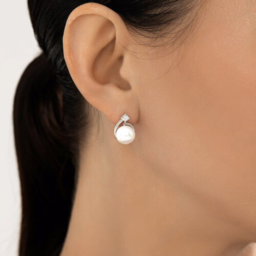 Cercei din argint  cu pietre Cubic Zirconia Incolor, Perla Albă