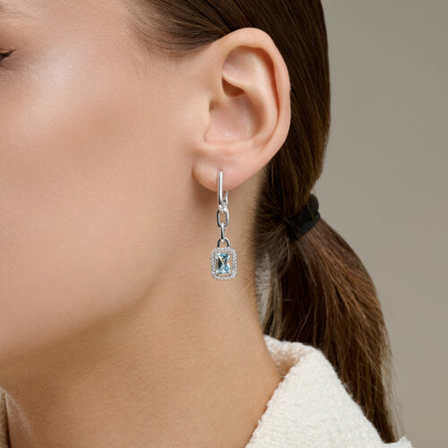 Cercei Creole din argint  cu pietre Cubic Zirconia Incolor, Topaz albastru