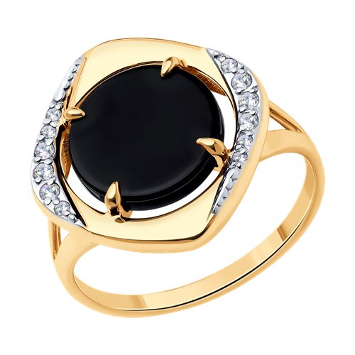 Inel din aur roșu cu pietre Cubic Zirconia Incolor, Agat negru