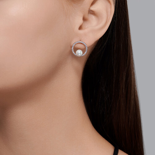 Cercei Pusete din argint  cu pietre Cubic Zirconia Incolor, Perla Imit.