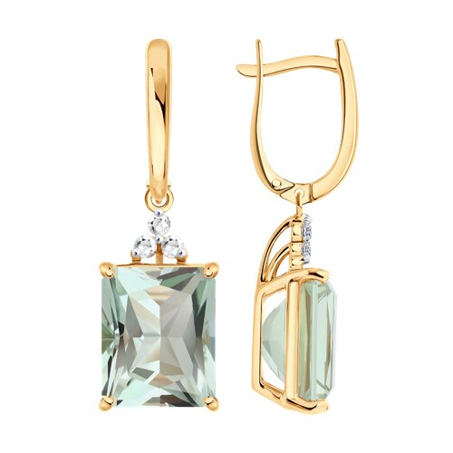 Серьги Длинные из красного золота с камнями Горный хрусталь, Празиолит