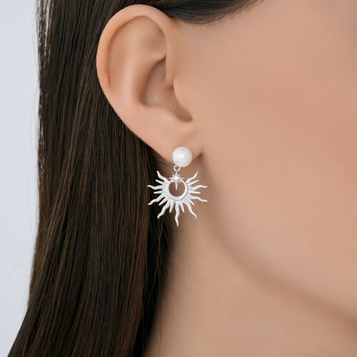 Cercei Pusete din argint  cu pietre Cubic Zirconia Incolor, Perla Imit.