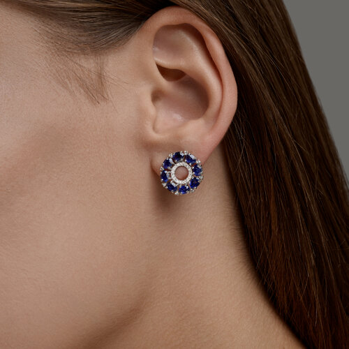 Серьги Пусеты из белого золота с камнями Бриллиант, Сапфир