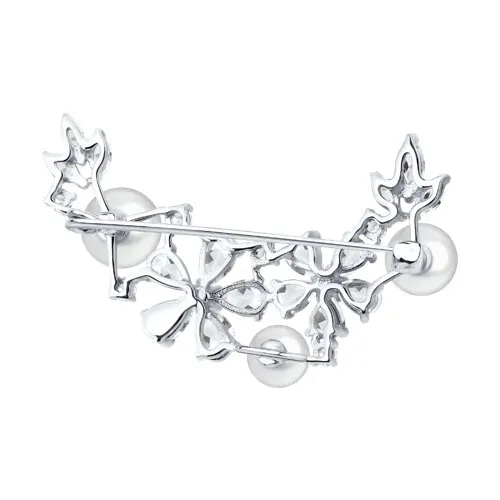 Broșă din aur alb cu Cubic Zirconia Incolor, Cristal de munte și Perla Albă