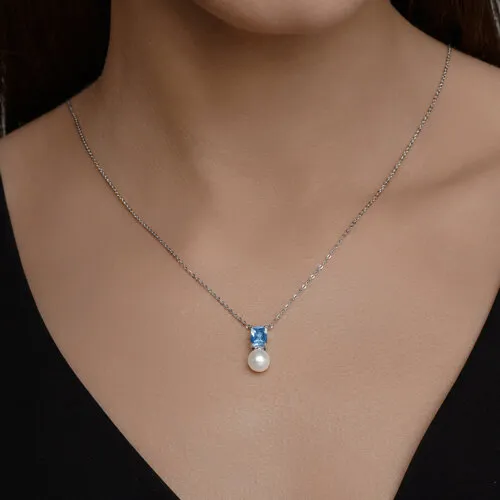 Colier din aur alb cu Topaz Swiss, Perla Albă