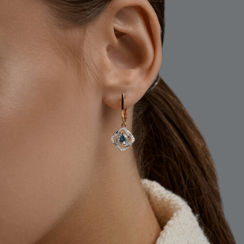 Серьги Длинные из красного золота с камнями Фианит, Топаз голубой