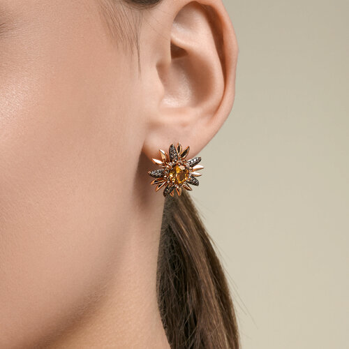 Серьги из красного золота с камнями Бриллиант коньяк, Цитрин